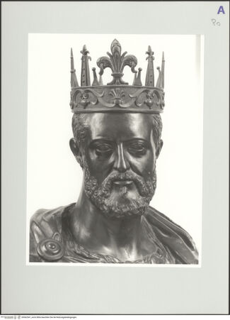 Vorderseite von Kunsthistorisches Institut in Florenz [http://creativecommons.org/licenses/by-nc-sa/4.0/] Büste des Cosimo I. de' Medici mit Krone - Detail: Kopf (während der Ausstellung 2003-2004 im Palazzo Pitti), bh562541_recto. Foto: Sigismondi, Roberto.