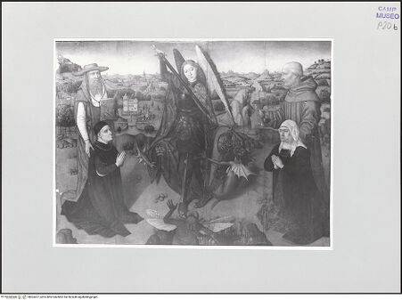 Vorderseite von Sopr. BAS NA [https://www.deutsche-digitale-bibliothek.de/content/lizenzen/rv-ez/] Erzengel Michael mit den heiligen Hieronymus und Jacob della Marca sowie zwei Stiftern aus der Familie Turbolo - Gesamtansicht, bh563417_recto. Foto.