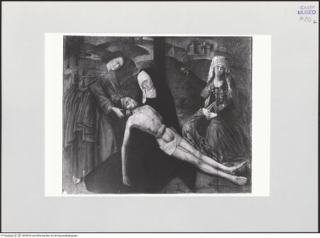 Vorderseite von Sopr. BAS NA [https://www.deutsche-digitale-bibliothek.de/content/lizenzen/rv-ez/] Triptychon mit der Grablegung Christi und Heiligen (Trauer um den toten Christus)Grablegung Christi - Gesamtansicht, bh563618_recto. Foto.