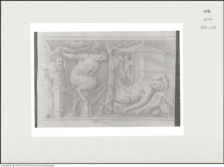 Vorderseite von Courtauld Institute, Conway Library [https://www.deutsche-digitale-bibliothek.de/content/lizenzen/rv-ez/] Serie von Zeichnungen nach einem antiken Sarkophag mit Reliefschmuck (Museo Archeologico Nazionale, Neapel)Schlafende Venus, Satyrn und Panherme (linker Teil des Reliefs der Längsseite) - , bh563733_recto. Foto.