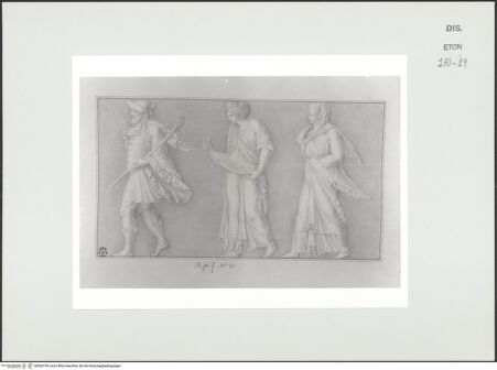 Vorderseite von Courtauld Institute, Conway Library [https://www.deutsche-digitale-bibliothek.de/content/lizenzen/rv-ez/] Serie von Zeichnungen nach einer antiken Vase mit Reliefschmuck (Palazzo Farnese?, Rom)Drei stehende Gewandfiguren (Relief) - , bh563739_recto. Foto.