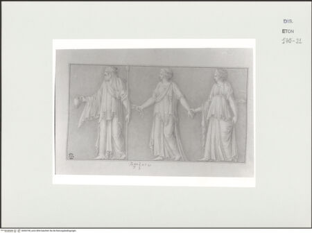 Vorderseite von Courtauld Institute, Conway Library [https://www.deutsche-digitale-bibliothek.de/content/lizenzen/rv-ez/] Serie von Zeichnungen nach einer antiken Vase mit Reliefschmuck (Palazzo Farnese?, Rom)Drei stehende Gewandfiguren (Relief) - , bh563740_recto. Foto.