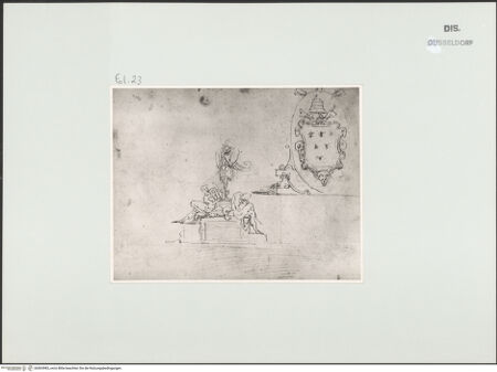 Vorderseite von Landesbildstelle Rheinland [https://www.deutsche-digitale-bibliothek.de/content/lizenzen/rv-ez/] L'arte del disegno, e le vivezze dell'ingegno di Guglielmo della Porta celebre scultore, et architetto ... (2 Bände)Erster (großer) Band mit dem ersten SkizzenheftFolio 23 recto (Seite 48): Tropaion mit zwei kauernden Gefangenen; Kartusche mit dem Wappen Pauls III. - , bh563983_recto. Foto.