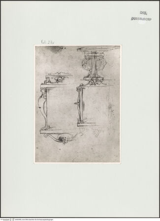 Vorderseite von Landesbildstelle Rheinland [https://www.deutsche-digitale-bibliothek.de/content/lizenzen/rv-ez/] L'arte del disegno, e le vivezze dell'ingegno di Guglielmo della Porta celebre scultore, et architetto ... (2 Bände)Erster (großer) Band mit dem ersten SkizzenheftFolio 27 verso (Seite 31): Prunktisch; Bilder- oder Spiegelrahmen, zwei Varianten - , bh563985_recto. Foto.
