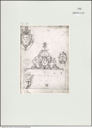 Vorderseite von Landesbildstelle Rheinland [https://www.deutsche-digitale-bibliothek.de/content/lizenzen/rv-ez/] L'arte del disegno, e le vivezze dell'ingegno di Guglielmo della Porta celebre scultore, et architetto ... (2 Bände)Erster (großer) Band mit dem ersten SkizzenheftFolio 30 recto (Seite 22): Wappen Pauls III. auf hochovalem Schild; Wappen Pauls III. als Bekrönung einer Inschrifttafel; Triregnum; Kopf eines bärtigen Mannes im Profil (Moses?) - , bh563986_recto. Foto.