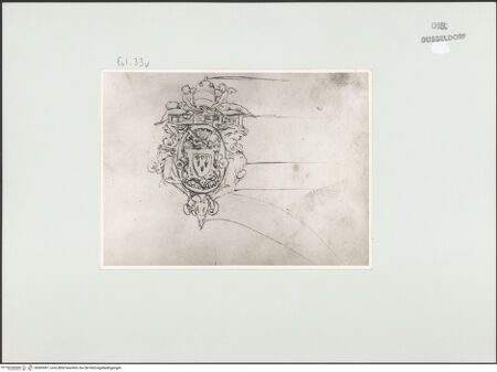 Vorderseite von Landesbildstelle Rheinland [https://www.deutsche-digitale-bibliothek.de/content/lizenzen/rv-ez/] L'arte del disegno, e le vivezze dell'ingegno di Guglielmo della Porta celebre scultore, et architetto ... (2 Bände)Erster (großer) Band mit dem ersten SkizzenheftFolio 33 verso (Seite 7): Wappen Pauls III. - , bh563987_recto. Foto.