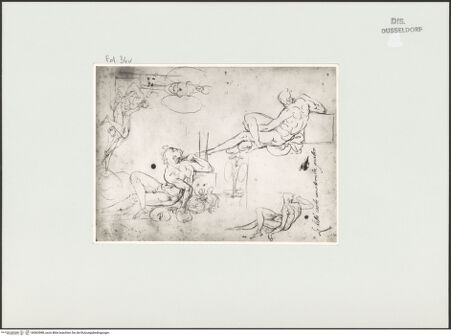 Vorderseite von Landesbildstelle Rheinland [https://www.deutsche-digitale-bibliothek.de/content/lizenzen/rv-ez/] L'arte del disegno, e le vivezze dell'ingegno di Guglielmo della Porta celebre scultore, et architetto ... (2 Bände)Erster (großer) Band mit dem ersten SkizzenheftFolio 34 verso (Seite 5): Varianten eines liegenden männlichen Aktes, an ein Tropaion gelehnt - , bh563988_recto. Foto.