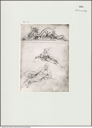 Vorderseite von Landesbildstelle Rheinland [https://www.deutsche-digitale-bibliothek.de/content/lizenzen/rv-ez/] L'arte del disegno, e le vivezze dell'ingegno di Guglielmo della Porta celebre scultore, et architetto ... (2 Bände)Zweiter (kleiner) Band mit zwei Skizzenbüchern und einem angefügten KonvolutDas zweite SkizzenheftSeite 3: Relief mit dem Regenbogen und den Farnese-Emblemen für das Grabmal Pauls III.; zwei liegende männliche Akte - , bh563989_recto. Foto.