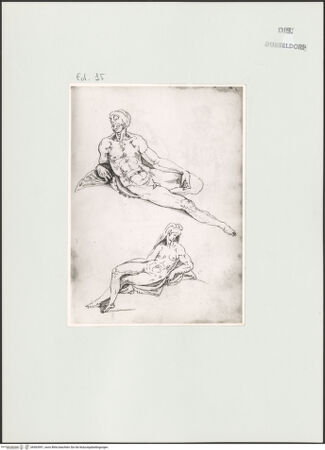 Vorderseite von Landesbildstelle Rheinland [https://www.deutsche-digitale-bibliothek.de/content/lizenzen/rv-ez/] L'arte del disegno, e le vivezze dell'ingegno di Guglielmo della Porta celebre scultore, et architetto ... (2 Bände)Zweiter (kleiner) Band mit zwei Skizzenbüchern und einem angefügten KonvolutDas zweite SkizzenheftSeite 15: Zwei liegende Aktfiguren - , bh563991_recto. Foto.