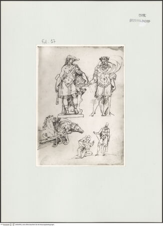 Vorderseite von Landesbildstelle Rheinland [https://www.deutsche-digitale-bibliothek.de/content/lizenzen/rv-ez/] L'arte del disegno, e le vivezze dell'ingegno di Guglielmo della Porta celebre scultore, et architetto ... (2 Bände)Zweiter (kleiner) Band mit zwei Skizzenbüchern und einem angefügten KonvolutDas zweite SkizzenheftSeite 17: David mit dem Haupt des Goliath; stehender Feldherr (König Saul?); drei nach rechts sprengende Pferde; Adlocutio eines Feldherren - , bh563992_recto. Foto.