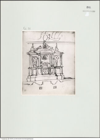 Vorderseite von Landesbildstelle Rheinland [https://www.deutsche-digitale-bibliothek.de/content/lizenzen/rv-ez/] L'arte del disegno, e le vivezze dell'ingegno di Guglielmo della Porta celebre scultore, et architetto ... (2 Bände)Zweiter (kleiner) Band mit zwei Skizzenbüchern und einem angefügten KonvolutDas zweite SkizzenheftSeite 21: Wandgrab, Ansicht und Schnitt oberhalb der Sockelzone - , bh563993_recto. Foto.