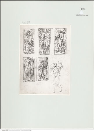 Vorderseite von Landesbildstelle Rheinland [https://www.deutsche-digitale-bibliothek.de/content/lizenzen/rv-ez/] L'arte del disegno, e le vivezze dell'ingegno di Guglielmo della Porta celebre scultore, et architetto ... (2 Bände)Zweiter (kleiner) Band mit zwei Skizzenbüchern und einem angefügten KonvolutDas zweite SkizzenheftSeite 52: Fünf hochrechteckige allegorische Darstellungen mit dem Ruhm des Bildhauers (zwei Varianten und eine Teilstudie) und "Il corso dell'anno" (drei Varianten) - , bh563998_recto. Foto.