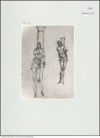 Vorderseite von Landesbildstelle Rheinland [https://www.deutsche-digitale-bibliothek.de/content/lizenzen/rv-ez/] L'arte del disegno, e le vivezze dell'ingegno di Guglielmo della Porta celebre scultore, et architetto ... (2 Bände)Zweiter (kleiner) Band mit zwei Skizzenbüchern und einem angefügten KonvolutDas zweite SkizzenheftSeite 93: Christus an der Martersäule, zwei Varianten - , bh564002_recto. Foto.