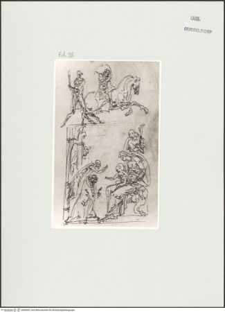 Vorderseite von Landesbildstelle Rheinland [https://www.deutsche-digitale-bibliothek.de/content/lizenzen/rv-ez/] L'arte del disegno, e le vivezze dell'ingegno di Guglielmo della Porta celebre scultore, et architetto ... (2 Bände)Zweiter (kleiner) Band mit zwei Skizzenbüchern und einem angefügten KonvolutDas zweite SkizzenheftSeite 98: Reitergruppe aus einem Relief des Konstantinbogens; Anbetung des Christusknaben durch den Kaiser Karl V. - , bh564003_recto. Foto.