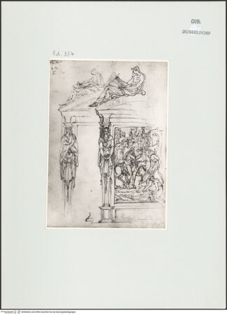 Vorderseite von Landesbildstelle Rheinland [https://www.deutsche-digitale-bibliothek.de/content/lizenzen/rv-ez/] L'arte del disegno, e le vivezze dell'ingegno di Guglielmo della Porta celebre scultore, et architetto ... (2 Bände)Zweiter (kleiner) Band mit zwei Skizzenbüchern und einem angefügten KonvolutDas zweite SkizzenheftSeite 137: Passion: Altar (?) mit dem Einzug in Jerusalem; Detail der Umrahmung - , bh564004_recto. Foto.