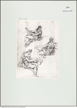 Vorderseite von Landesbildstelle Rheinland [https://www.deutsche-digitale-bibliothek.de/content/lizenzen/rv-ez/] L'arte del disegno, e le vivezze dell'ingegno di Guglielmo della Porta celebre scultore, et architetto ... (2 Bände)Zweiter (kleiner) Band mit zwei Skizzenbüchern und einem angefügten KonvolutDas zweite SkizzenheftSeite 139: Drei auf Bogensegmenten sitzende Frauengestalten in faltenreicher Gewandung - , bh564006_recto. Foto.