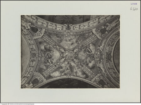 Vorderseite von Bibliotheca Hertziana [https://www.deutsche-digitale-bibliothek.de/content/lizenzen/rv-fz/] Maria überreicht dem heiligen Dominikus im Beisein der heiligen Katherina den Rosenkranz; Himmelfahrt der heiligen Maria Magdalena - Zustand vor der Kriegszerstörung, bh564042_recto. Foto.