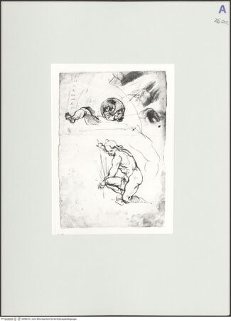 Vorderseite von Rom, Gabinetto Nazionale delle Stampe [https://www.deutsche-digitale-bibliothek.de/content/lizenzen/rv-ez/] Studie für eine kniende Figur; Beinstudien in Untersicht; Putto im Tondo; - , bh566161_recto. Foto.