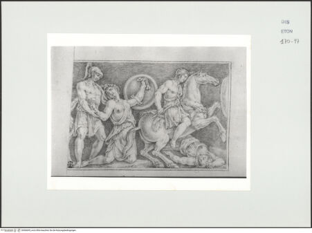 Vorderseite von Courtauld Institute, Conway Library [https://www.deutsche-digitale-bibliothek.de/content/lizenzen/rv-ez/] Zeichnungen nach einem antiken Relief (Palazzo Della Valle, Rom)Amazonomachie (rechter Teil des Reliefs) - , bh566695_recto. Foto.