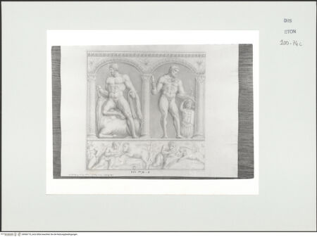 Vorderseite von Courtauld Institute, Conway Library [https://www.deutsche-digitale-bibliothek.de/content/lizenzen/rv-ez/] Zeichnungen nach einem Sarkophagrelief mit fünf Taten des Herkules (Villa Borghese, Rom)Linker Teil des Reliefs: Herkules fängt den Kretischen Stier, Herkules und Geryon - , bh566715_recto. Foto.