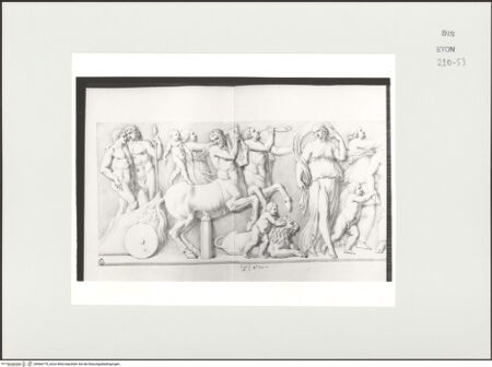 Vorderseite von Courtauld Institute, Conway Library [https://www.deutsche-digitale-bibliothek.de/content/lizenzen/rv-ez/] Zeichnungen nach einem Sarkophagrelief mt Bacchuszug (Palazzo Mattei, Rom)Linker Teil des Reliefs - , bh566770_recto. Foto.