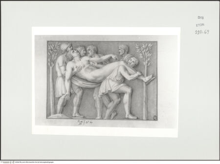 Vorderseite von Courtauld Institute, Conway Library [https://www.deutsche-digitale-bibliothek.de/content/lizenzen/rv-ez/] Fünf Männer mit dem Leichnam (?) eines Jugendlichen (Relief, Palazzo Mattei, Roma) - , bh566786_recto. Foto.