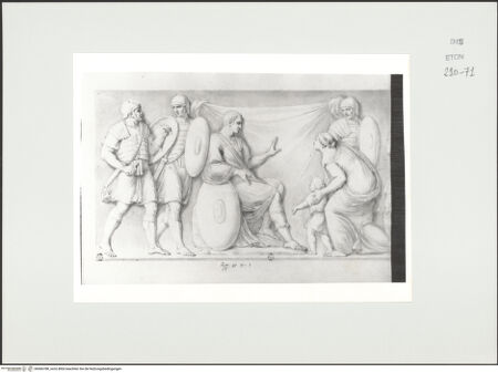 Vorderseite von Courtauld Institute, Conway Library [https://www.deutsche-digitale-bibliothek.de/content/lizenzen/rv-ez/] Zeichnungen nach einem Sarkophagrelief (Palazzo Mattei, Rom)Audienz (?) eines Herrschers (linker Teil des Reliefs) - , bh566788_recto. Foto.