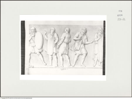 Vorderseite von Courtauld Institute, Conway Library [https://www.deutsche-digitale-bibliothek.de/content/lizenzen/rv-ez/] Zeichnungen nach einem Sarkophagrelief (Palazzo Mattei, Rom)Soldat und Bittsteller (mittlerer Teil des Reliefs) - , bh566789_recto. Foto.