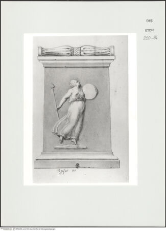 Vorderseite von Courtauld Institute, Conway Library [https://www.deutsche-digitale-bibliothek.de/content/lizenzen/rv-ez/] Serie von Zeichnungen nach einem antiken Altar mit Reliefschmuck (Palazzo Mattei, Rom)Mänade mit Tamburin (linke Seite des Altars) - , bh566802_recto. Foto.