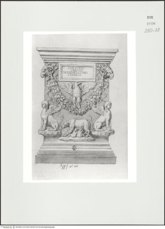 Vorderseite von Courtauld Institute, Conway Library [https://www.deutsche-digitale-bibliothek.de/content/lizenzen/rv-ez/] Serie von Zeichnungen nach einem antiken Altar mit Girlanden, Widderköpfen, Sphingen und weiterem Reliefschmuck (Musei Vaticani, Rom)Frontseite mit Inschriftentafel, Adler und Lupa Romana - , bh566804_recto. Foto.