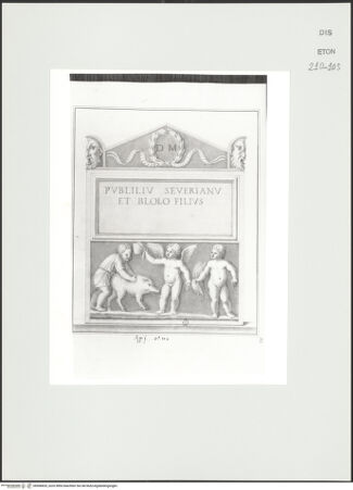 Vorderseite von Courtauld Institute, Conway Library [https://www.deutsche-digitale-bibliothek.de/content/lizenzen/rv-ez/] Serie von Zeichnungen nach einem antiken Grabmal (Musei Vaticani, Rom)Frontansicht mit Inschriftentafel und Putten - , bh566820_recto. Foto.