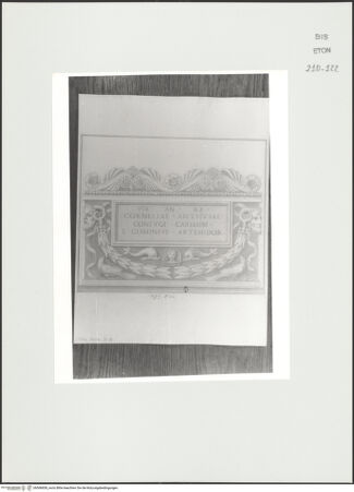 Vorderseite von Courtauld Institute, Conway Library [https://www.deutsche-digitale-bibliothek.de/content/lizenzen/rv-ez/] Grabmal mit Inschriftentafel und ornamentalem Reliefschmuck (Palazzo Mattei, Roma) - , bh566838_recto. Foto.