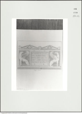 Vorderseite von Courtauld Institute, Conway Library [https://www.deutsche-digitale-bibliothek.de/content/lizenzen/rv-ez/] Grabmal mit Inschriftentafel und zwei Greifen (Palazzo Mattei, Roma) - , bh566840_recto. Foto.