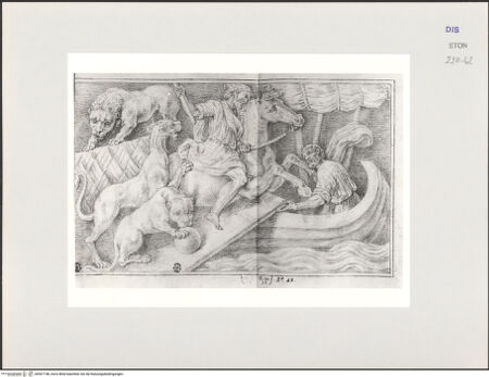 Vorderseite von Courtauld Institute, Conway Library [https://www.deutsche-digitale-bibliothek.de/content/lizenzen/rv-ez/] Ein Reiter, Raubkatzen auf ein Schiff treibend (Relief, Villa Medici, Roma) - , bh567748_recto. Foto.