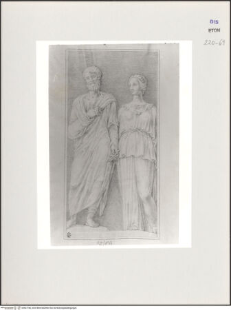Vorderseite von Courtauld Institute, Conway Library [https://www.deutsche-digitale-bibliothek.de/content/lizenzen/rv-ez/] Stehende männliche Gewandfigur und Minerva (Relief, Villa Medici, Roma) - , bh567768_recto. Foto.
