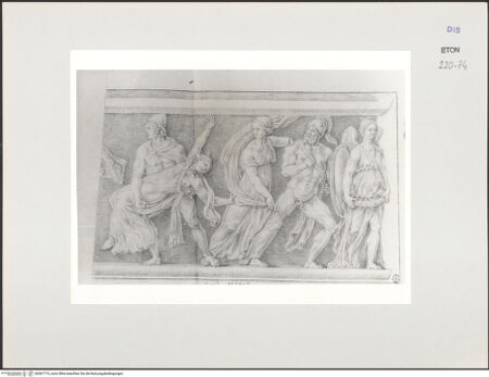 Vorderseite von Courtauld Institute, Conway Library [https://www.deutsche-digitale-bibliothek.de/content/lizenzen/rv-ez/] Zeichnungen nach einem antiken Sarkophag (Uffizien, Florenz)Die Entführung der Lecippiden durch die Dioskuren (rechter Teil des Frontreliefs) - , bh567773_recto. Foto.