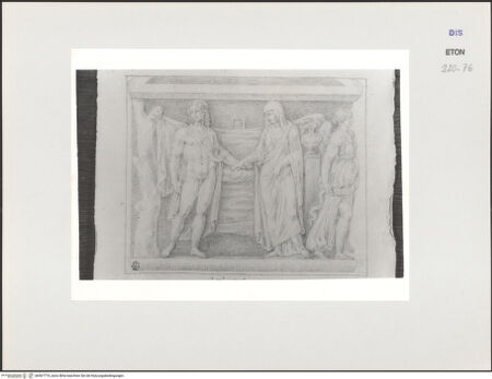 Vorderseite von Courtauld Institute, Conway Library [https://www.deutsche-digitale-bibliothek.de/content/lizenzen/rv-ez/] Zeichnungen nach einem antiken Sarkophag (Uffizien, Florenz)Männlicher Akt mit Umhang und weibliche Gewandfigur. Victoria (Relief der linken Schmalseite) - , bh567774_recto. Foto.