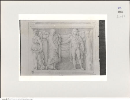 Vorderseite von Courtauld Institute, Conway Library [https://www.deutsche-digitale-bibliothek.de/content/lizenzen/rv-ez/] Zeichnungen nach einem antiken Sarkophag (Uffizien, Florenz)Männlicher Akt mit Umhang und weibliche Gewandfigur. Victoria (Relief der rechten Schmalseite) - , bh567775_recto. Foto.
