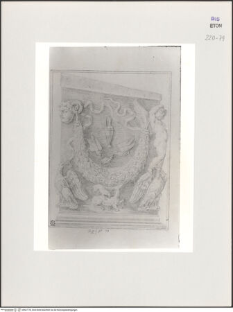 Vorderseite von Courtauld Institute, Conway Library [https://www.deutsche-digitale-bibliothek.de/content/lizenzen/rv-ez/] Serie von Zeichnungen nach einer dreiseitigen Basis mit Putten, Satyrköpfen, Girlanden, Adlern und weiteren Ornamenten (Villa Medici, Rom)Linke Seite - , bh567778_recto. Foto.