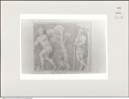 Vorderseite von Courtauld Institute, Conway Library [https://www.deutsche-digitale-bibliothek.de/content/lizenzen/rv-ez/] Zeichnungen nach einem antiken Sarkophagrelief (Villa Medici, Rom)Rechter Teil: Zwei Männer und ein Hund - , bh567803_recto. Foto.