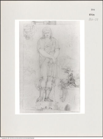Vorderseite von Courtauld Institute, Conway Library [https://www.deutsche-digitale-bibliothek.de/content/lizenzen/rv-ez/] Jugendlicher Gefangener (Statue, Palazzo Strozzi, Rom). Skizzen zu einem Isaakopfer - , bh567985_recto. Foto.