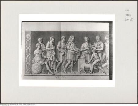 Vorderseite von Courtauld Institute, Conway Library [https://www.deutsche-digitale-bibliothek.de/content/lizenzen/rv-ez/] Zeichnungen nach einem antiken Relief (Galleria degli Uffizi, Florenz)Aeneas opfert Juno eine weiße Sau (linker Teil des Reliefs) - , bh568083_recto. Foto.