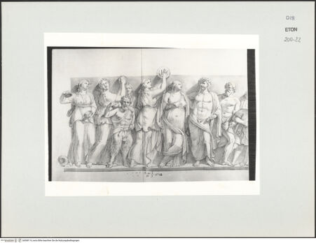 Vorderseite von Courtauld Institute, Conway Library [https://www.deutsche-digitale-bibliothek.de/content/lizenzen/rv-ez/] Zeichnungen nach einem Sarkophagrelief mit dem Triumph des Bacchus und der AriadneBacchus, Ariadne, Satyrn und Mänaden (linker Teil des Reliefs) - , bh568114_recto. Foto.