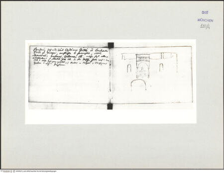 Vorderseite von Bibliotheca Hertziana [https://www.deutsche-digitale-bibliothek.de/content/lizenzen/rv-ez/] Skizzenbuch LatiumKommentarseite; Statue Bonifaz' VIII. an der Fassade des Doms von Anagni - , bh569075_recto. Foto.