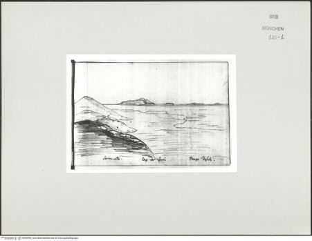 Vorderseite von Bibliotheca Hertziana [https://www.deutsche-digitale-bibliothek.de/content/lizenzen/rv-ez/] Skizzenbuch Latium, KampanienAusblick von Sermoneta nach Ponza - , bh569082_recto. Foto.