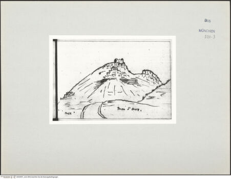 Vorderseite von Bibliotheca Hertziana [https://www.deutsche-digitale-bibliothek.de/content/lizenzen/rv-ez/] Skizzenbuch Latium, KampanienRocca d'Arce - rechts, bh569091_recto. Foto.