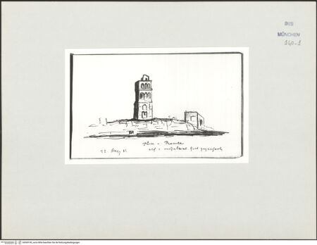 Vorderseite von Bibliotheca Hertziana [https://www.deutsche-digitale-bibliothek.de/content/lizenzen/rv-ez/] Skizzenbuch Vorderasien, Palästina, ZypernTurm von Ramla (die Weiße Moschee) - , bh569100_recto. Foto.