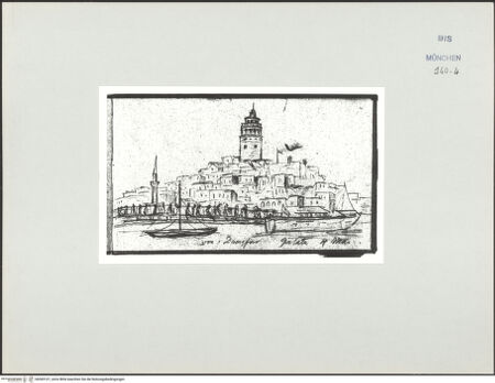 Vorderseite von Bibliotheca Hertziana [https://www.deutsche-digitale-bibliothek.de/content/lizenzen/rv-ez/] Skizzenbuch Vorderasien, Palästina, ZypernIstanbul, Ansicht der Stadt und Galata Turm - , bh569107_recto. Foto.
