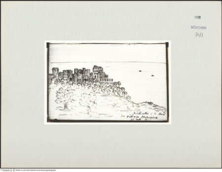 Vorderseite von Bibliotheca Hertziana [https://www.deutsche-digitale-bibliothek.de/content/lizenzen/rv-ez/] Korsika-SkizzenbuchMonticello und das Haus der Vittoria Malaspina - , bh569116_recto. Foto.