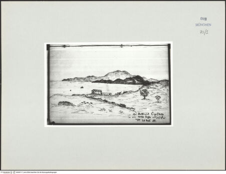 Vorderseite von Bibliotheca Hertziana [https://www.deutsche-digitale-bibliothek.de/content/lizenzen/rv-ez/] Korsika-SkizzenbuchDie Halbinsel Capo Corso von Isola Rossa aus gesehen - , bh569117_recto. Foto.